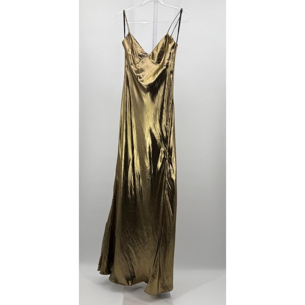 Gold Metallic Strappy Maxi Dress Side Split Evening Gown Size US 6 - Picture 10 of 12